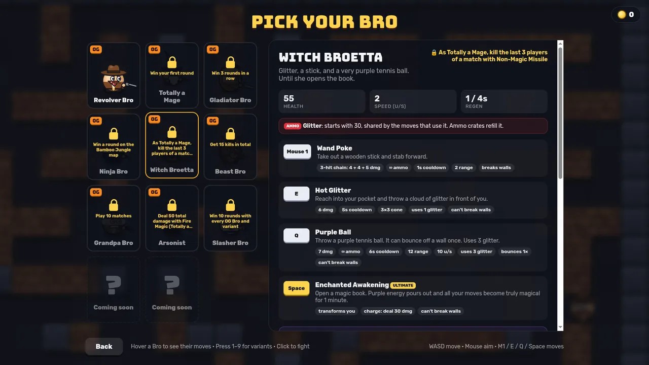 Bro select screen showing Witch Broetta's moves